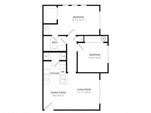 Floor plan for 2 beds, 1 bath, 705 sqft